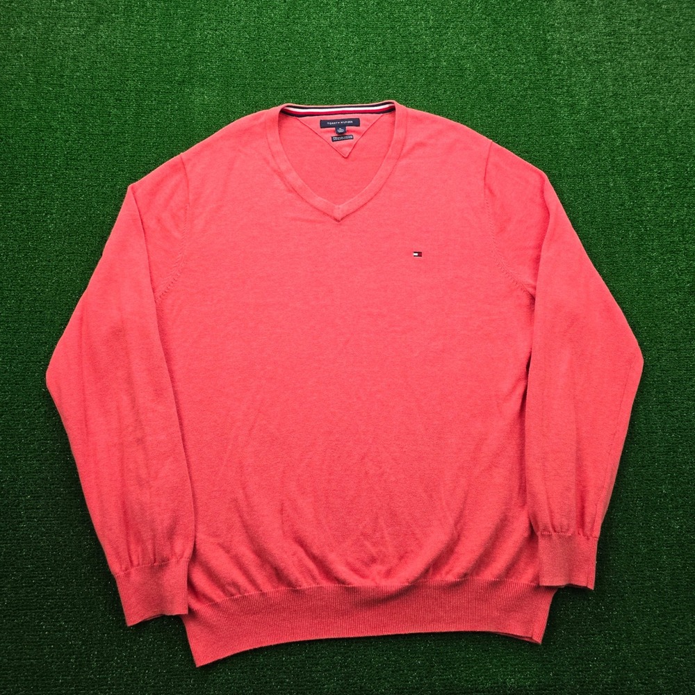 Tommy Hilfiger Vneck Sweater Mens XL Red Pink Pullover Golf‎ Preppy Cotton